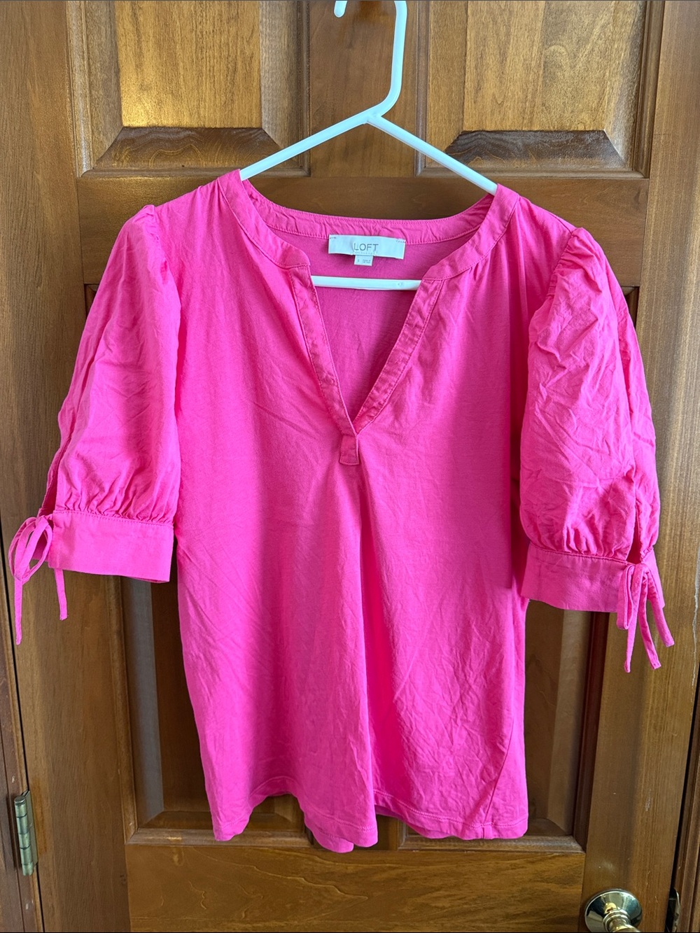 LOFT Hot Pink Split V-Neck Tie-Sleeve Blouse